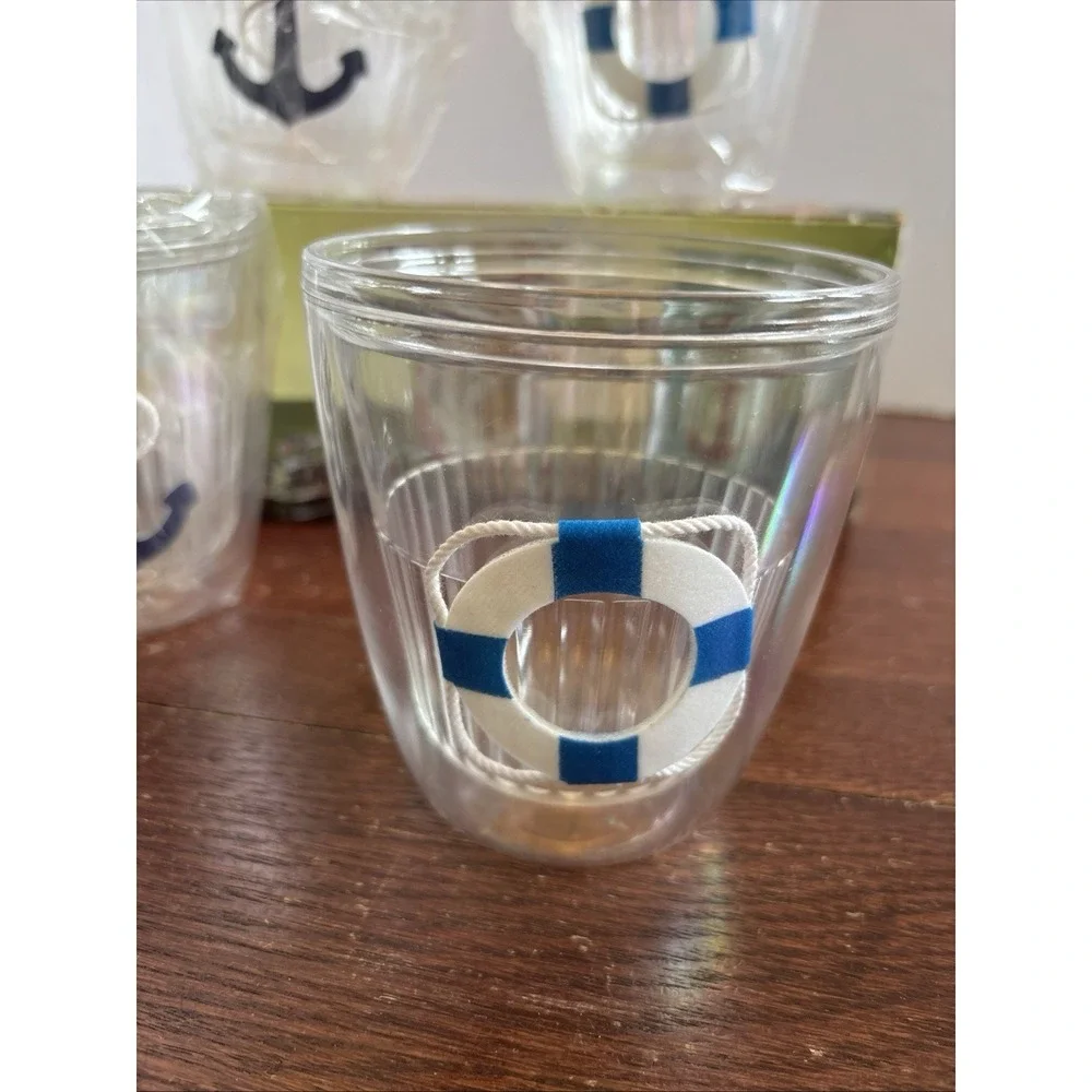 Vtg Set 4 Insulated Bar Tumblers‎ Anchor/Ring Buoy Glasses Hong Kong- NEW!